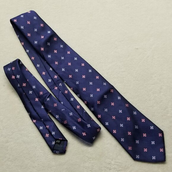 Joseph Turner Tie Necktie Pure Silk Navy Blue Pink Floral Heavy Preppy Office - Picture 1 of 6